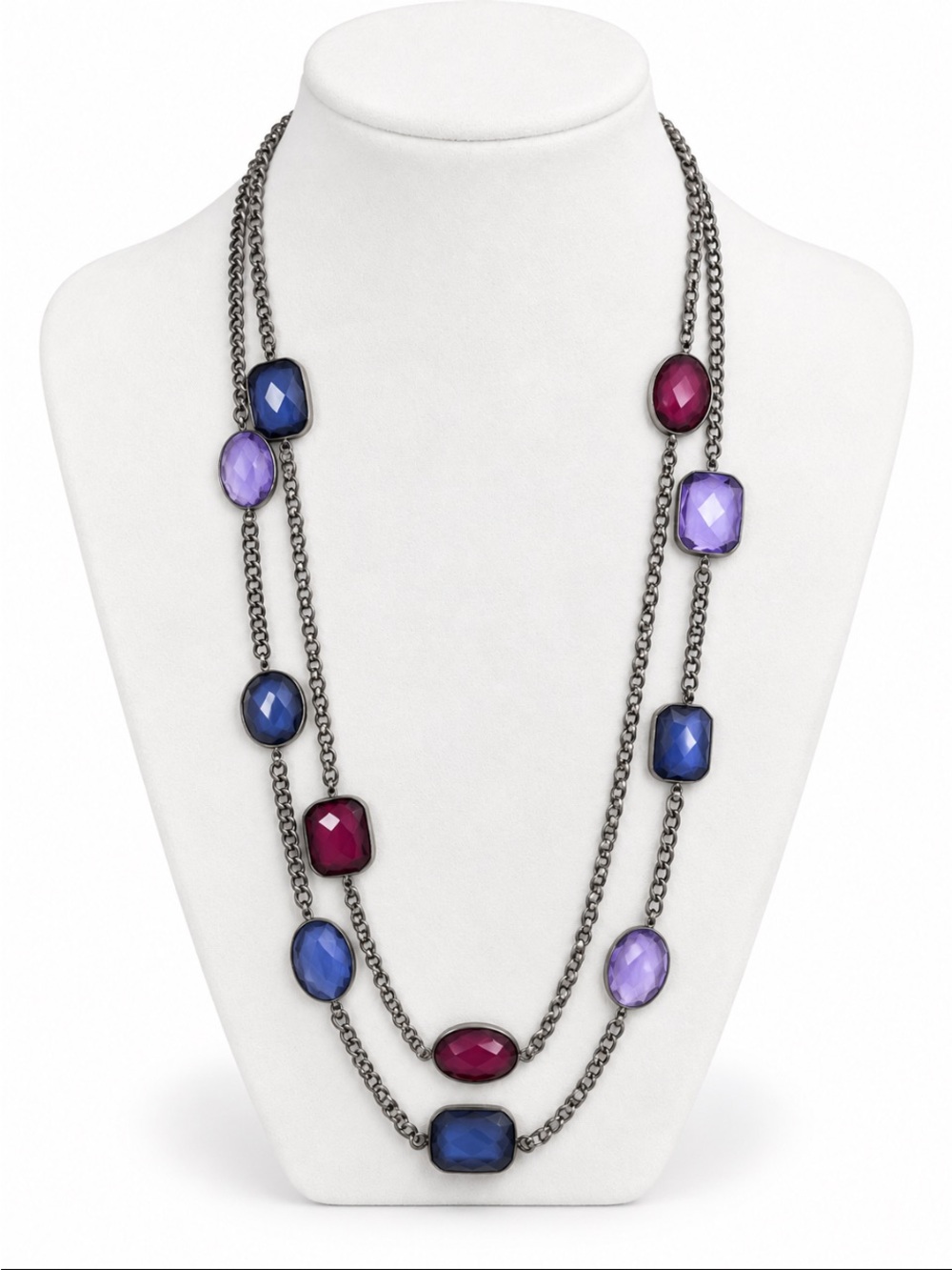 EXPRESS Gunmetal Double-Strand Purple Blue & Burgundy Statement Necklace